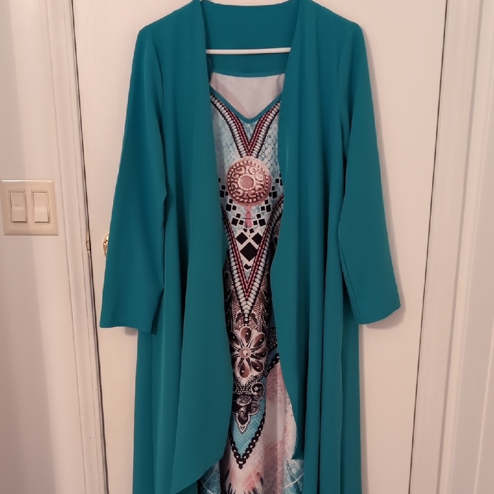 Teal Open Front Lightweight Coverup with Patterned Dress